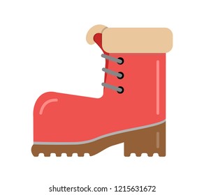 Boot red with brown sole with warm fur. Vector element isolated on light background.