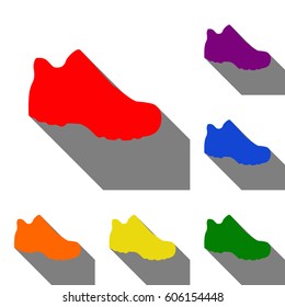 Boot sign. Set of red, orange, yellow, green, blue and violet icons at white background with flat shadow.