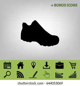 Boot sign. Vector. Black icon at gray background with bonus icons 