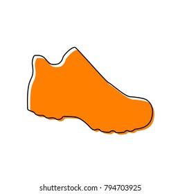 Boot sign. Vector. Black line icon with shifted flat orange filled icon on white background. Isolated.