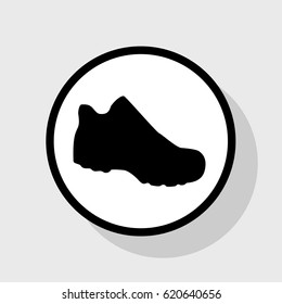 Boot sign. Vector. Flat black icon in white circle with shadow at gray background.