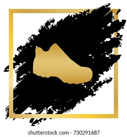 Boot sign. Vector. Golden icon at black spot inside golden frame on white background.