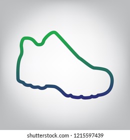 Boot sign. Vector. Green to blue gradient contour icon at grayish background with light in center.
