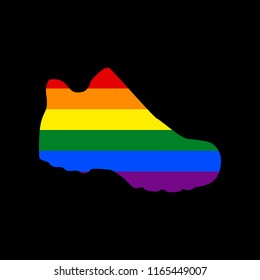 Boot sign. Vector. Icon with colors of LGBT flag at black background.