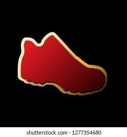 Boot sign. Vector. Red icon with small black and limitless shadows at golden sticker on black background.