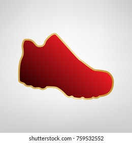 Boot sign. Vector. Red icon on gold sticker at light gray background.