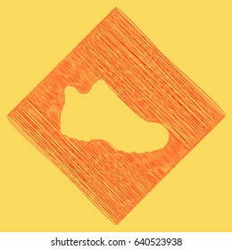 Boot sign. Vector. Red scribble icon obtained as a result of subtraction rhomb and path. Royal yellow background.