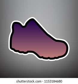 Boot sign. Vector. Violet gradient icon with black and white linear edges at gray background.
