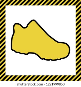Boot sign. Vector. Warm yellow icon with black contour in frame named as under construction at white background. Isolated.