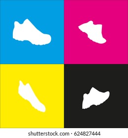 Boot sign. Vector. White icon with isometric projections on cyan, magenta, yellow and black backgrounds.