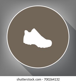 Boot sign. Vector. White icon on brown circle with white contour and long shadow at gray background. Like top view on postament.