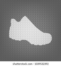 Boot sign. Vector. White knitted icon on gray knitted background. Isolated.