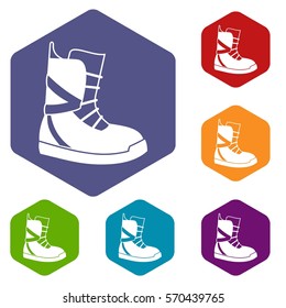 Boot for snowboarding icons set rhombus in different colors isolated on white background