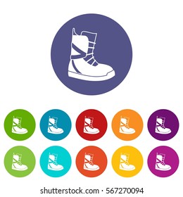 Boot for snowboarding set icons in different colors isolated on white background