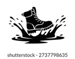 Boot stepping into water creating splash effect. Black silhouette vector illustration isolated on white background.