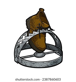boot in a trap sketch color engraving hand drawn vector illustration. T-shirt apparel print design. Scratch board imitation. Black and white hand drawn image.