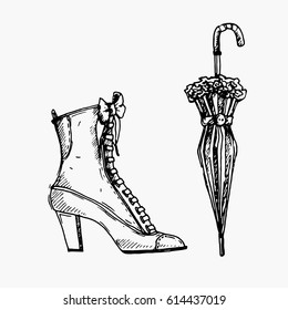 Boot and umbrella. Isolated on white background. Hand drawn vector illustration. Retro style.
