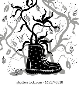 A boot from which branches grow. Monochrome vector illustration.