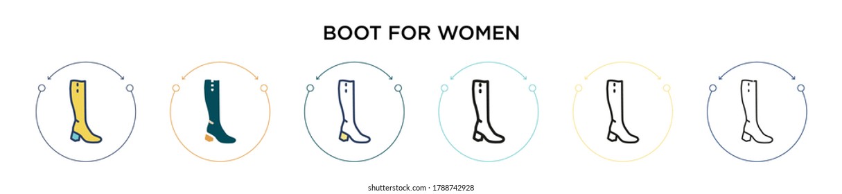 Boot for women icon in filled, thin line, outline and stroke style. Vector illustration of two colored and black boot for women vector icons designs can be used for mobile, ui, web