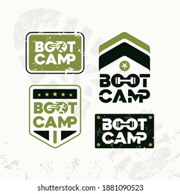 Bootcamp Fitness Body Workout Training Extreme Sport Outdoor Rough Vector Concept. Set of 4 Design On Grunge Background.