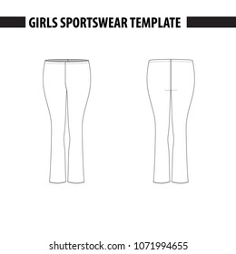 Girls’ / wemens’ bootcut pants. Vector template, mockup for sample demonstration. Kids sports bootcut pants for fitness, dances, gymnastics, acrobatics. Vector illustration in outlines.