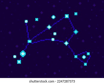 Bootet die Konstellation im Stil der Pixelkunst. 8-Bit Sterne am Nachthimmel im Retro-Videospiel-Stil. Cluster von Sternen und Galaxien. Design für Anwendungen, Banner und Poster. Vektorgrafik