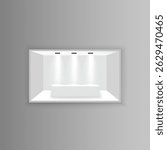 Booth with blank vertical banner and marketing rollup for trade show promotion in white retail interior with display ad and design object near placard and counter screen at exhibition panel


