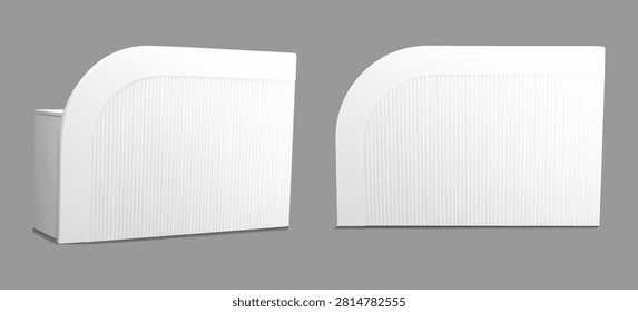 Booth counter table amd white 3d desk. Round bar and service cocktail reception stand with curve mockup for expo office. Blank podium mock up on tradeshow event for shop and empty welcome box.