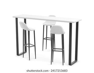 Booth high table and three chairs made from white plastic top and black legs. Cafe or exhibition display bar counter with stools. Realistic vector of empty furniture for advertising product show.