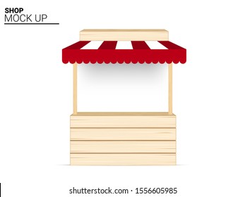 Booth Mock up wooden Shop, indoor Kiosk, store awning Display for Sale Marketing Promotion Exhibition on White Background Illustration vector. business object concept design.