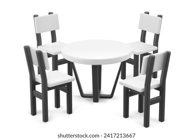 Booth round table and four chairs made from white plastic top and black legs for cafe or exhibition display. Realistic vector illustration of empty furniture for advertising and corporate presentation