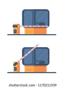 Booth for security and control over the admission of cars. The collection is drilled on toll road. Checkpoint with  rising and lowering barrier. Vector illustration in flat style isolated on white.