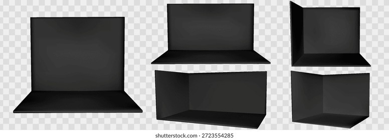 Conjunto de cabina con esquina negra y pared de maqueta de soporte 3D para feria comercial de exposiciones. Habitación cuadrada vacía con la exhibición de la sala de exposición del telón de fondo y el espacio interior de la oficina. Vector de Plantilla de área de tienda en blanco.