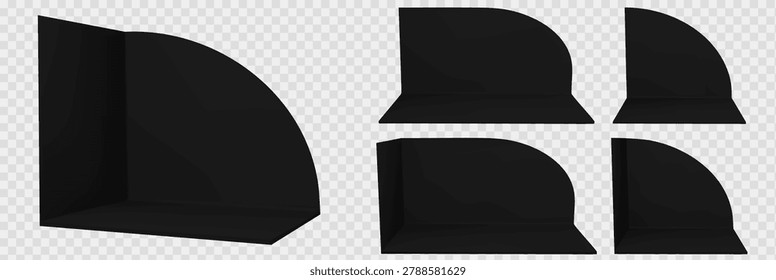 Booth set with black round corner and 3d stand mockup wall for tradeshow exhibition. Empty square room with office display panel and store showroom space. Vector perspective render trade fair.