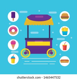 booth snack outdoor service donut soda french fries hamburger vector illustration