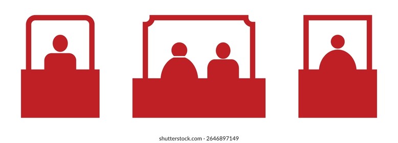 Ícone de estande ou pé definido com o exibidor. Ícone da cabine de vendas definido isolado no fundo branco.