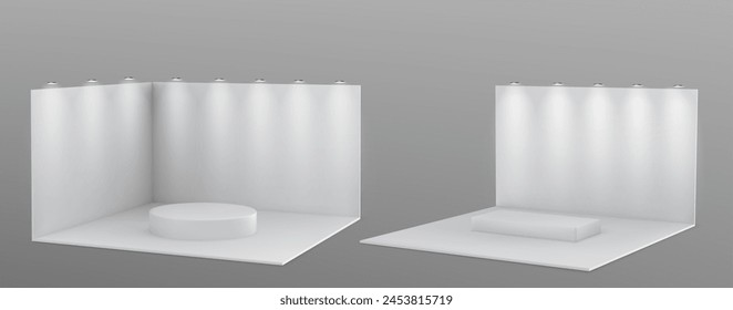 Booth stand with walls and floor, platform and spotlights 3d mockup. Realistic vector illustration set of white studio or exhibition room interior template for products display on tradeshow event.