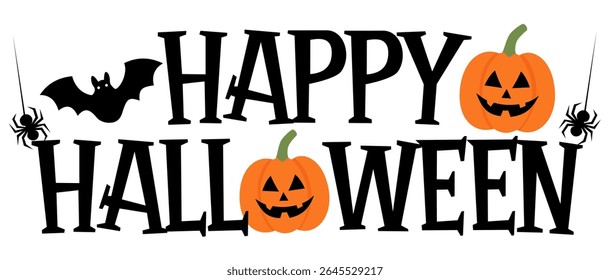 Boo-temático Halloween lettering com aranha bonito e abóbora laranja para DIY printables, cartões e crianças atividades

