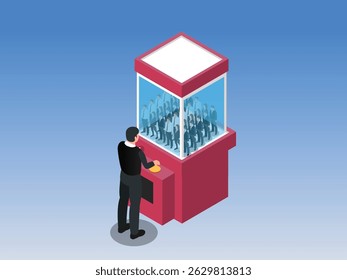 booth-like structure filled with people with a person stands outside the booth operating a control panel, symbolizing the selection or recruitment process isometric 3d vector illustration