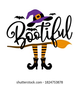 Bootiful (schönes Boo) - Halloween Zitat auf weißem Hintergrund mit Besen, Fledermäusen und Hexenhut. Gut für T-Shirt, Maultier, Schrottbuchung, Geschenk, Druckmaschine. Feiertagsangebote. Hexenhut, Besenstiel.