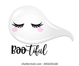 Boo-tiful (beautiful), Happy Halloween - beautiful ghost girl. Spooky ghost doodle draw for print. Adorable poster for Halloween party, good for t shirts, gifts, mugs or print designs. Trick or treat.