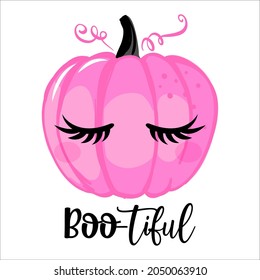 Boo-tiful (Boo beautiful) - hand drawn pink pumpkin with lashes and lettering phrase. Brush ink vector quote for banners, greeting card, poster design.