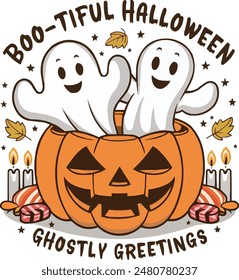 Boo-tiful Halloween Ghostly Greetings Ghost and Pumpkin