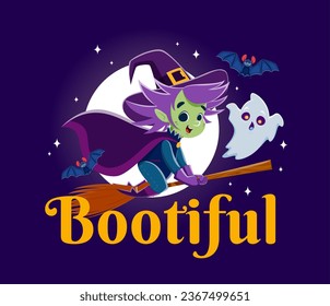 Bootiful Halloween quote cartoon witch on the broom and kawaii ghost, bringing enchantment and smiles to spooky season. Vector banner with adorable funny hag, bat and spook flying to coven party