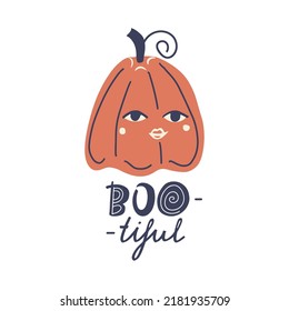 Boo  tiful hand drawn lettering quote   orange pumpkin character and eyes   lips  Halloween cute calligraphy for t shirt print  greeting card  typography  holiday decoration  Vector design