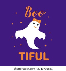 Bootiful (Boo-tiful) lettering. Funny Halloween pun quote. Cute ghost character. Vector template for typography poster, greeting card, banner,  etc.