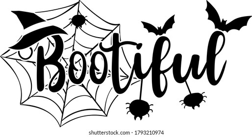 Bootiful quote. Witch hat and bats vector