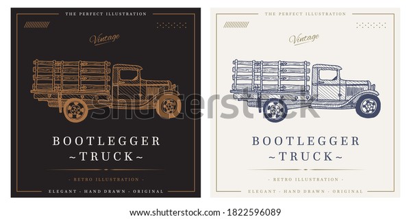 Bootlegger pickup Truck sketch vintage retro\
logo illustration