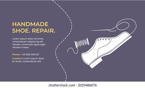Bootmaker, shoemaker, cobbler business card. Repair shoe, boot, footwear image color. Business card. Tailored handmade bespoke shoe. Сustom shoe atelier, workshop. Flat vector illustration. Isolated. 