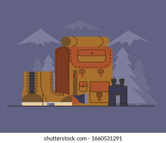 Boots, backpack and binoculars on the background of the forest and mountains